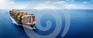 Panoramic front view of a large cargo ship carrying containers for import and export