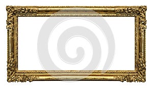 Panoramic golden frame for paintings, mirrors or photo isolated on white background. Design element with clipping path