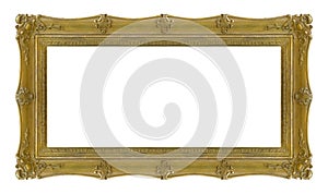 Panoramic golden frame for paintings, mirrors or photo isolated on white background. Design element with clipping path