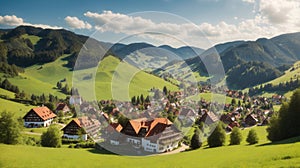 Panoramic gorgeous landscape containing an idyllic German village in a lush green valley in the Black Forest