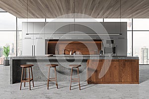 Panoramic gray kitchen interior with cabinets and island