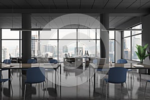 Panoramic gray open space coworking office interior