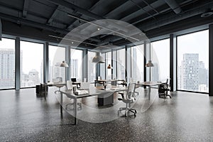 Panoramic gray open space office corner