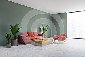 Panoramic green living room corner with red sofa