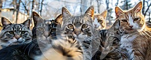 Panoramic group portrait of domestic cats outdoors