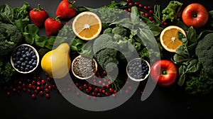 Panoramic Healthy food background with fresh organic fruits and vegetables for a balanced diet