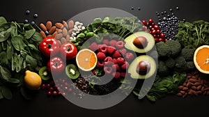 Panoramic Healthy food background with fresh organic fruits and vegetables for a balanced diet