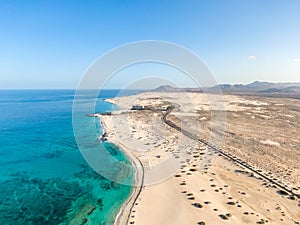 Panoramic high angle aerial drone view of Corralejo National Park Parque Natural de Corralejo with sand dunes photo