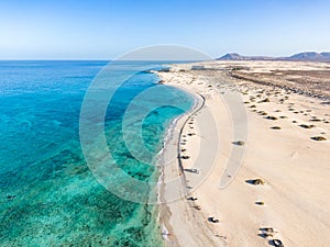 Panoramic high angle aerial drone view of Corralejo National Park Parque Natural de Corralejo with sand dunes photo