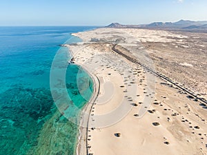 Panoramic high angle aerial drone view of Corralejo National Park Parque Natural de Corralejo with sand dunes photo