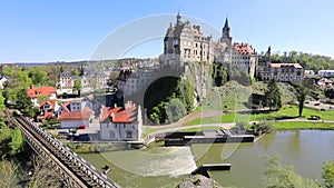 Panoramic high angle view of Sigmaringen castle on side of Danube river