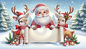 Panoramic Holiday Greetings: Santa & Reindeer with Banner