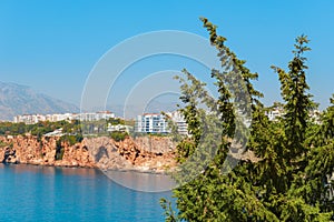 idyllic view of the sea coast in Antalya. Taurus mountains in the background and the blue Bay of the Mediterranean sea