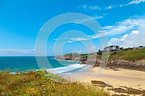 Panoramic idyllic view of surfers beach in Brittany in Northern France