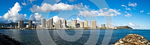 Panoramic image of the Ala Wai Boat Harbor and hotels of Waikiki