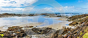 Panoramic image of a beautiful deserted and rocky beach