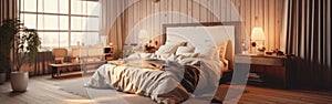 Panoramic image of a country style wooden bedroom in a luxury cottage or hotel. Comfortable large bed, bedside tables