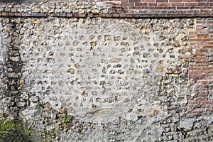 Panoramic image of a Decorative old and red brick flint wall with green and yellow vegetable moss