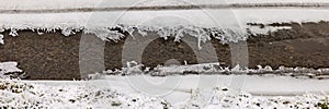 Panoramic image of a ditch frozen on the sides with distinctive ice crystals and icicles