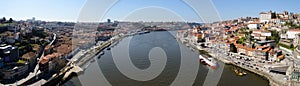 Panoramic image of the Douro River in Porto, Portugal. The image was made on the Dom Luis Bridge.