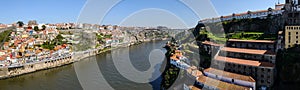 Panoramic image of the Douro River in Porto, Portugal. The image was made on the Dom Luis Bridge.