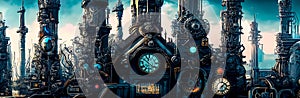 Panoramic image of a fantasy industrial city scene with clock towers, gears and mechanisms