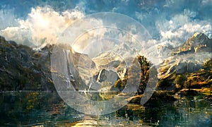 A panoramic image of a fantasy landscape with mountains and hills plus trees and river