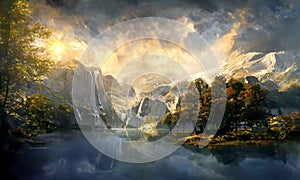 A panoramic image of a fantasy landscape with mountains and hills plus trees and river