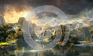 A panoramic image of a fantasy landscape with mountains and hills plus trees and river