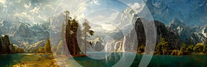 A panoramic image of a fantasy landscape with mountains and hills plus trees and river