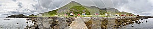 Panoramic image of the fishing village `Austre Nesland`, FlakstadÃ¸ya, Lofoten islands, Norway