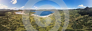 Panoramic image the Hot and Boiling lakes in caldera of Golovnin volcano on Kunashir Island, Kurils, Russia