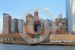 Panoramic image of lower Manhattan skyline from Staten Island Ferry boat, New York