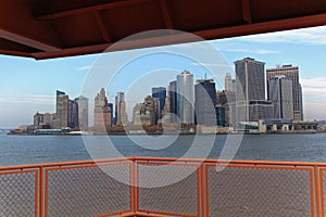 Panoramic image of lower Manhattan skyline from Staten Island Ferry boat, New York