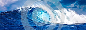 A panoramic image of a majestic blue wave cresting and crashing in the ocean, showcasing the power and beauty of the sea