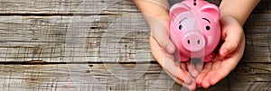 Panoramic image, man holding piggy bank on wood table. Save money and invest wisely photo