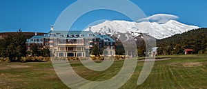 Panoramic image of Mount Ruapehu and Chateau Tongariro