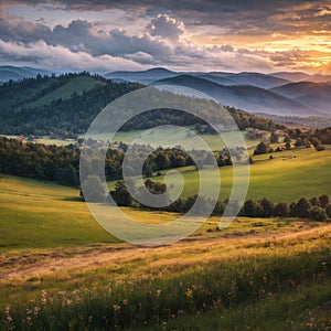 a panoramic image of rural fields in the evening under a cloudy sky.