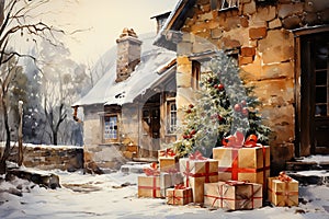 A panoramic image of a rustic house with Christmas tree and gifts Generative AI Generative AI