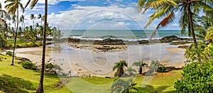 Panoramic image of a small deserted beach surrounded by coconut trees