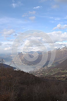 Panoramic image of Valcamonica with Lake Iseo and in the background the snow-capped mountains - Brescia - Italy 03