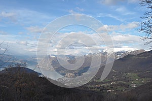 Panoramic image of Valcamonica with Lake Iseo and in the background the snow-capped mountains - Brescia - Italy 07