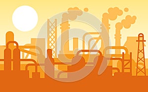 Panoramic industrial silhouette landscape. Evening view of city with factory buildings, pipeline, factories, industrial zone area