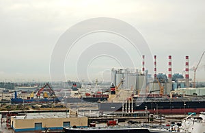 Panoramic industrial view of port and refining operations
