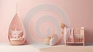 Panoramic interior baby room Scandinavian style rattan crib pink canopy beige armchair generative ai