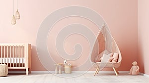 Panoramic interior baby room Scandinavian style rattan crib pink canopy beige armchair generative ai