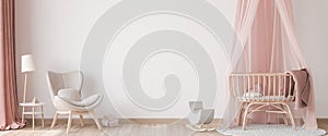 Panoramic interior for baby`s room Scandinavian style, rattan crib with pink canopy