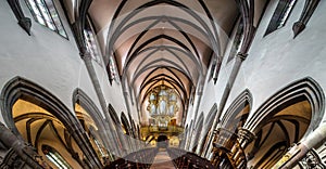 Panoramic interior view of medieval church in Ribeauville, Alsac