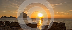 Panoramic of the island of Es Vedra at sunset, Ibiza