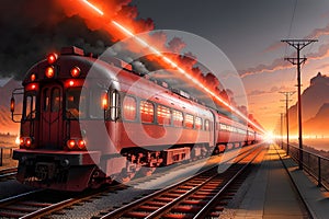 The Panoramic Journey of the Magnificent Red Motorized Train on Rails, Enveloped by the Sunset\'s Splendor. AI generated